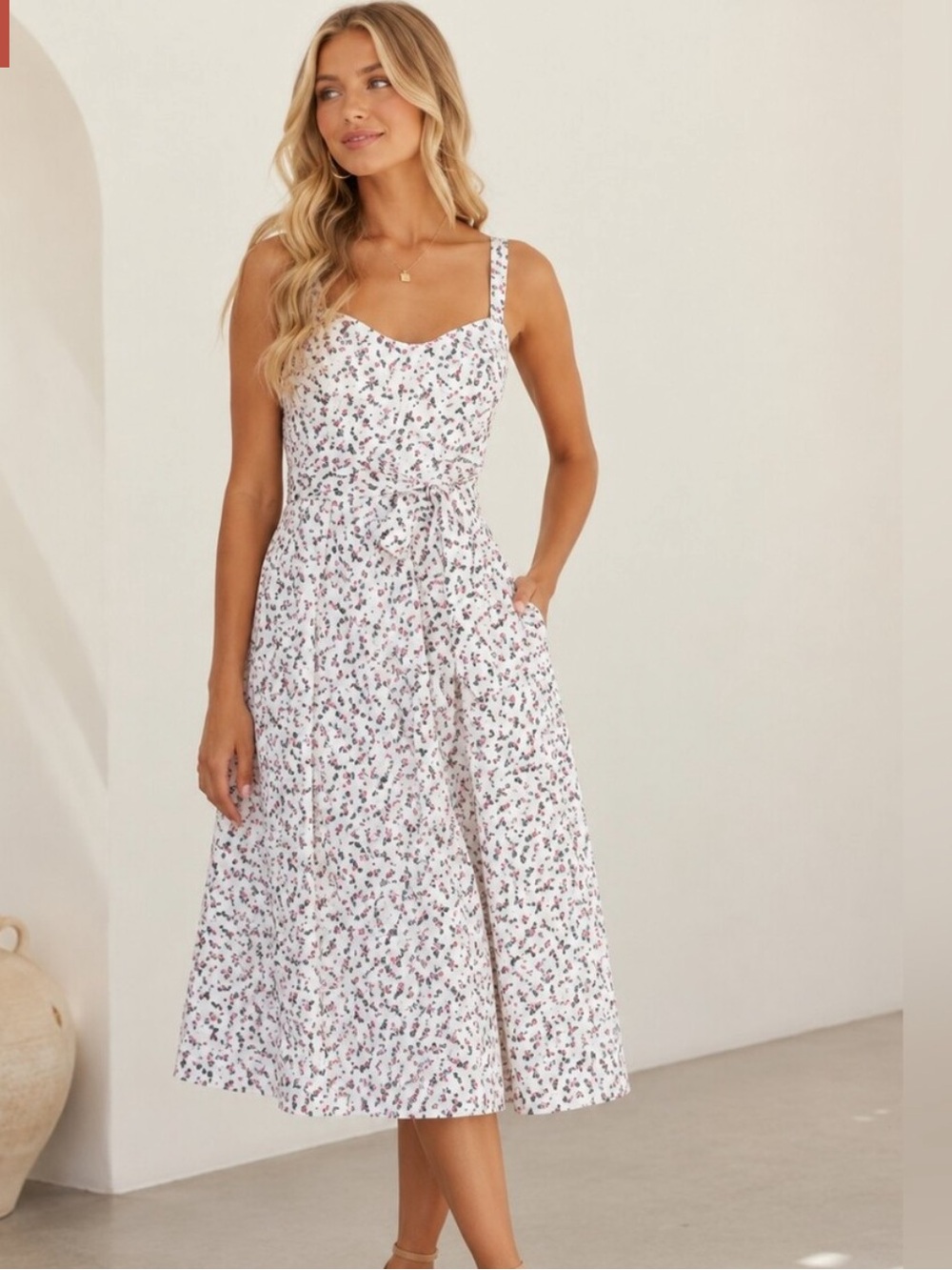 RACHEL Rachel Roy White Floral Midi Dress with Pink & Green Accents